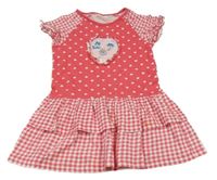 Jahodovo-bílé bavlněné šaty se srdíčky a kostkami Kids