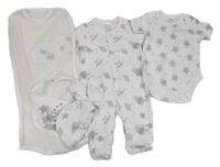 Nové - 5set - Bílý overal se slony + body + slinták + rukavičky + bavlněná čepice