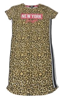 Hnědo-béžové leopardí šaty s nápisem 