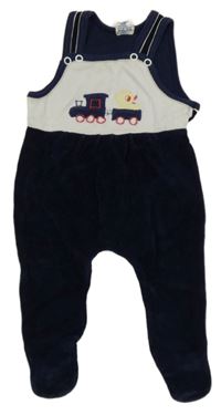 Tmavomodro-bílé sametové dupačky s vlaky 