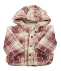 Starorůžovo-bílý kostkovaný chlupatý kabátek s kapucí 