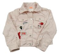 Světlerůžová crop plátěná bunda s nášivkami 