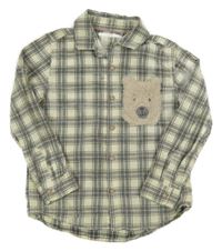 Smetanovo-černá kostkovaná lehká manšestrová košile s medvědem Next