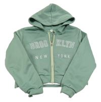 Khaki propínací crop mikina s nápisem a kapucí 