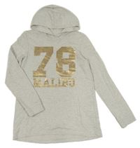 Šedá melírovaná lehká mikina s číslem a kapucí H&M