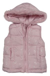 Světlerůžová vzorovaná šusťáková zateplená vesta s kapucí 