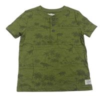 Khaki melírované tričko s palmami a dinosaury OshKosh