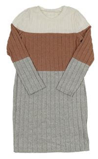 Bílo-starorůžovo-šedé žebrované úpletové šaty