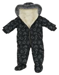 Černá šusťáková zimní kombinéza s diny a kapucí s kožešinou George