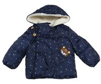 Tmavomodrá šusťáková zavinovací přechodová bunda s medvídkem a kapucí 