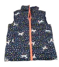 Tmavomodrá šusťáková zateplená vesta s hvězdami a jednorožci Joules