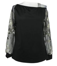 Dámské černé triko s květovanými tylovými rukávy 