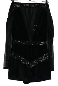 Dámský černý sametovo-tylový kraťasový společenský overal s třásněmi Boohoo 