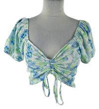 Dámská modro-limetková kytičkovaná crop halenka se stahováním Primark 