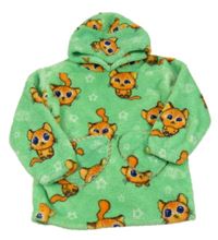 Zelená chlupatá oversize mikina s kočkami a kapucí 