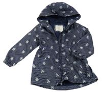 Tmavomodrá puntíkatá šusťáková jarní bunda s kytičkami a kapucí Primark