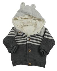 Bílo-šedý pruhovaný podšitý propínací svetr s kapucí M&S