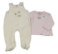 Nové - 2 set - bílo-růžové pruhované dupačky + růžové žebrované triko 