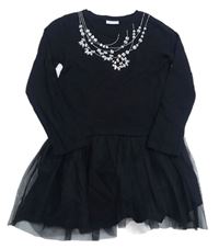 Černé bavlněné šaty s kamínky a tylovou sukní Matalan