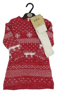 Nové - 2set - Červeno-bílé vzorované pletené šaty + punčocháče M&S