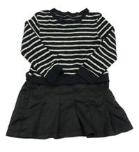 Černo-smetanové pruhované pletené šaty lehkou sukní 