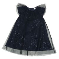 Tmavomodré tylové šaty s flitry 