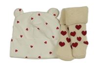 2set - Bílá srdíčkovaná čepice + ponožky 