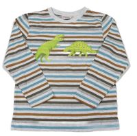 Šedo-hnědo-modré pruhované triko s dinosaury 