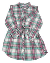 Tyrkysovo-růžovo-šedo-bílé kostkované flanelové košilové šaty zn. Primark 