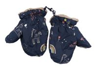 Tmvaomodré šusťákové palcové zimní rukavice s jednorožci 