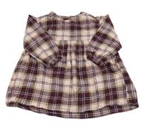 Světlerůžovo-vínové kostkované plátěné šaty 