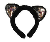 Černá chlupatá čelenka s oučky a flitry - kočka