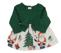 Tmavozeleno-bílé vánoční šaty se Santy a stromečky a mašlí