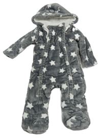 Šedá plyšová zateplená kombinéza s bílými hvězdičkami a kapucí F&F