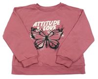 Starorůžová mikina s motýlkem a nápisy PRIMARK