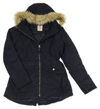 Tmavomodrá šusťáková zimní parka s kapucí s kožešinou H&M