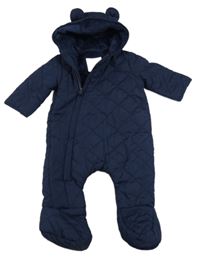 Tmavomodrá prošívaná šusťáková zimní kombinéza s kapucí s oušky PRIMARK