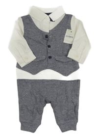 Nové - tmavomodro-bílý vzorovaný slavnostní overal s vestou a motýlkem Next