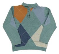 Šalvějovo-cihlovo-modro-světlešedý károvaný melírovaný svetr s límečkem Next