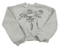 Nové - světlešedá melírovaná mikina s mašlí z flitrů a nápisy RIVER ISLAND