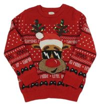 Červený melírovaný vzorovaný svetr se sobem a blikátkem F&F