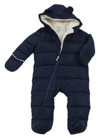 Tmavomodrá prošívaná šusťáková zimní kombinéza s kapucí s oušky F&F