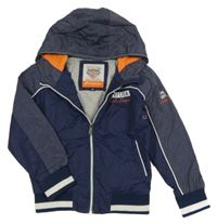 Tmavomodro-melírovaný šusťákový jarní bomber s nápisy a kapucí C&A