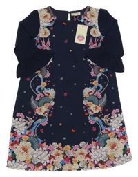 Nové - tmavomodré šaty s kytičkami a ptáčky a vějíři Yumi