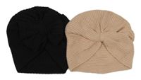 2x - Turbanová čepice - Černá žebrovaná s mašlí, pudrová pletená Next