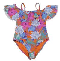 Oranžovo-barevné květované jednodílné plavky s listy a volánem River Island