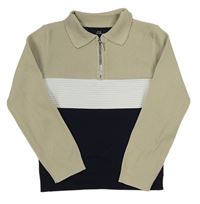 Béžovo-tmavomodro-bílý polo svetr s žebrováním River Island
