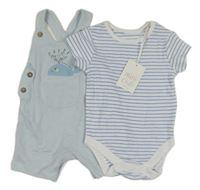 Nové - 2set - Světlemodré teplákové laclové kraťasy s velrybou + bílo-modré pruhované body Miniclub