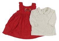 2set - Červené manšestrové šaty s výšivkami květů + bílé puntíkaté triko s límečkem Nutmeg