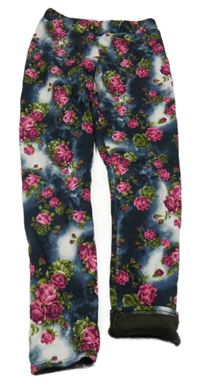 Černo-bílé batikované květované zateplené legíny